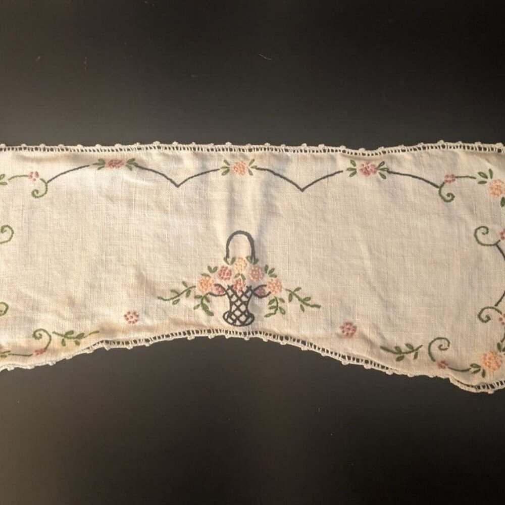 Handmade Linen Sandwich Doily White Embroidered Flower Basket Vtg 17" x 7"